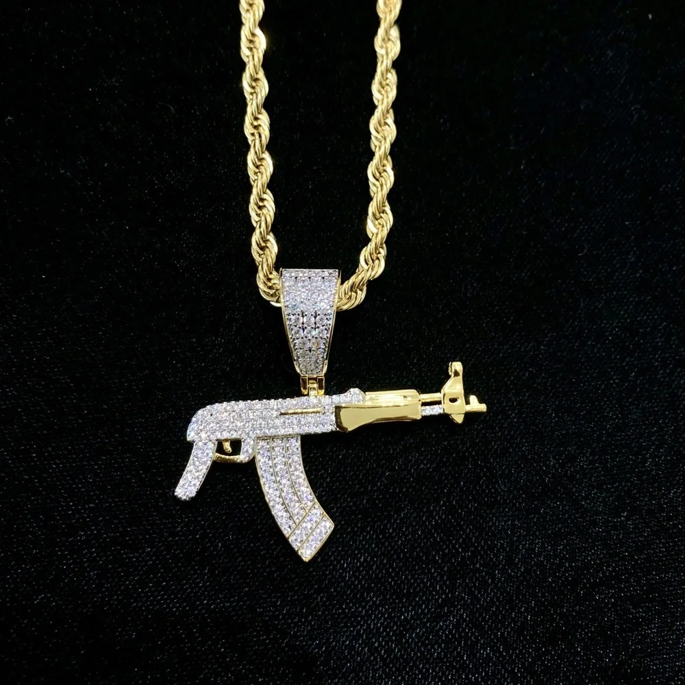 EXCLUSIVE AK47 PENDANT NECKLACE 18K GOLD FULL LAB DIAMONDS CHAIN MADE IN ITALY!